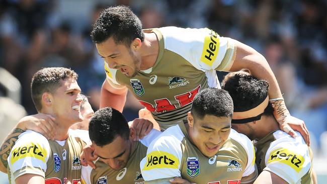 The Panthers celebrate a Tyrone May try against the Sea Eagles on day two of the Auckland Nines at Eden Park, New Zealand. Picture: Mark Evans