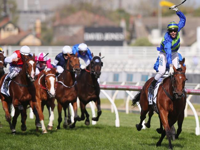 Jockey Nicholas Hall knows he has the Caulfield Cup in his grasp as Jameka leaves her rivals behind. Picture: Getty Images