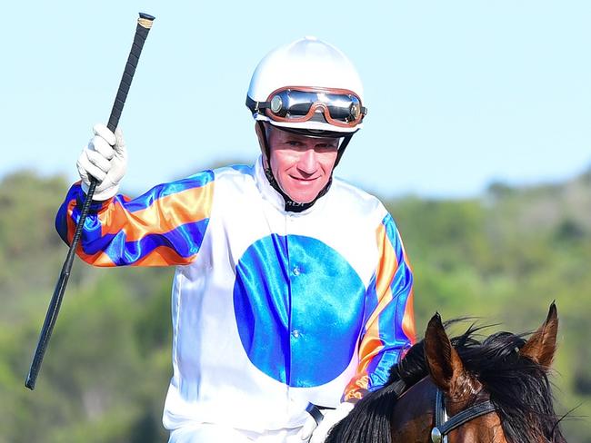 Hail Manhattan wins the Mooloolaba Cup under jockey Mark Du Plessis at the Sunshine Coast. Picture: Grant Peters - Trackside Photography.