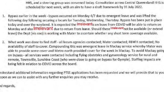 A July 8, 2022 internal email from Health Minister Yvette D'Ath's office revealed under Right to Information reveals the Gympie and Mackay maternity wards were on the verge of being shut at the same time as Queensland Health was grappling with a five-day closure of Gladstone's ward.