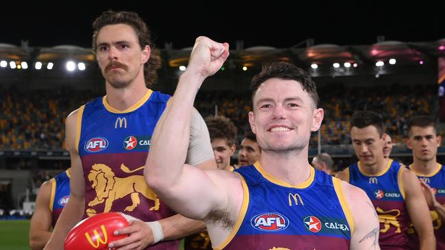 BRISBANE, AUSTRALIA – SEPTEMBER 23: Lachie Neale of the Lions celebrates winning the AFL Second Preliminary Final match between Brisbane Lions and Carlton Blues at The Gabba, on September 23, 2023, in Brisbane, Australia. (Photo by Quinn Rooney/Getty Images)