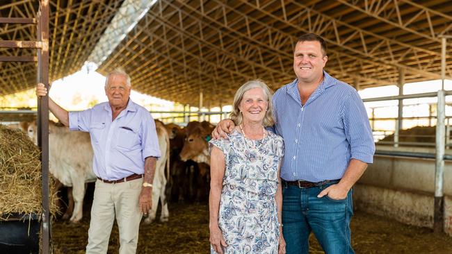 Victorious live cattle export ban class action litigants Colin Brett and his wife Alison Brett with son Hamish Brett, who now runs the family's Brett Cattle Co. operation at Waterloo Station in the Northern Territory. The group are pictured at live cattle export yards in Darwin.