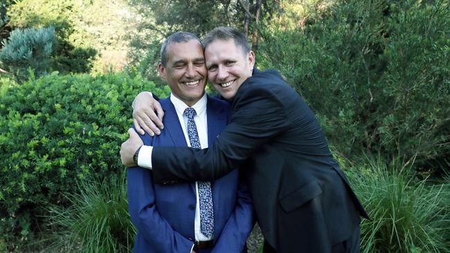 Happy but weary - Australian of the Year finalists, Craig Challen, left, and Dr Richard Harris, at a morning tea at The Lodge in Canberra. Picture: Gary Ramage