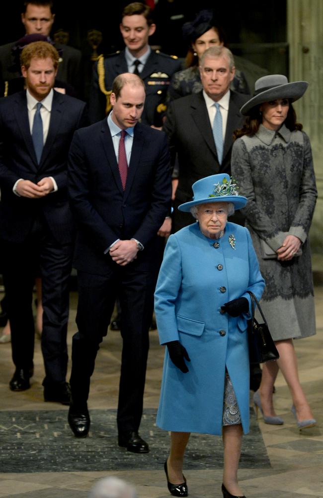 Queen Elizabeth II, Prince Philip, Duke of Edinburgh, Prince William, Duke of Cambridge, Catherine, Duchess of Cambridge and Prince Harry attend the annual Commonwealth Day service on Commonwealth Day on March 14, 2016 in Westminster Abbey, London. Picture: Getty