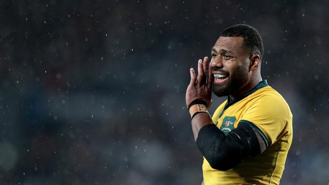 Samu Kerevi of Australia during the Bledisloe Cup match between the New Zealand All Blacks and the Australian Wallabies at Eden Park in Auckland, New Zealand, Saturday, August 17, 2019. (AAP Image/David Rowland) NO ARCHIVING, EDITORIAL USE ONLY