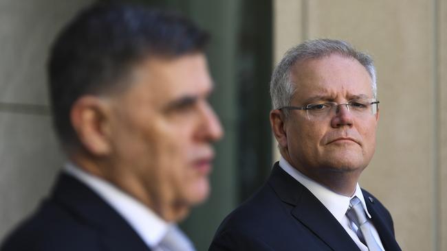 Prime Minister Scott Morrison and Chief Medical Officer Brendan Murphy. Picture: AAP/Lukas Coch