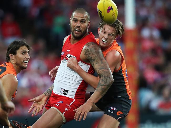 Lance Franklin can’t mark opposed to Lachie Whitfield. Picture: Phil Hillyard