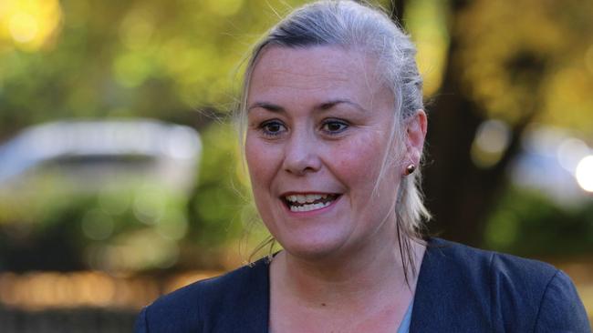 Acting state Labor leader Anita Dow speaks to the media in St David's Park in Hobart on Friday, May 21, 2021.