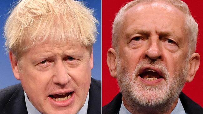 Britain's Prime Minister and Conservative Party leader Boris Johnson, left, and Britain's main opposition Labour Party leader Jeremy Corbyn, right.