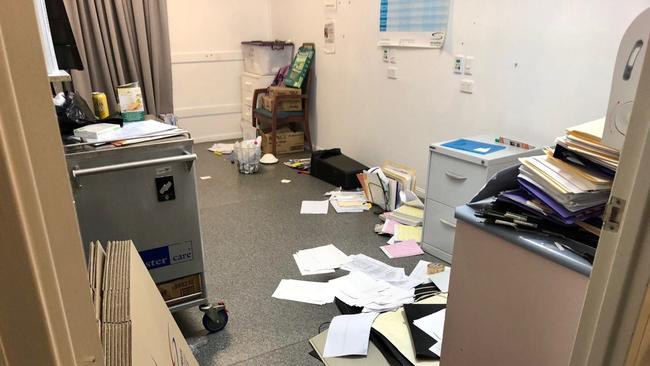 Supplied images from inside Earle Haven Retirement Village, which show strewn files across the nursing home following a dispute between the care subcontractor and owner.