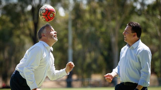 SA Best leader Nick Xenophon with his candidate James Sadler at the Eastern Adelaide... errr Eastern United Football Club. Picture by Matt Turner