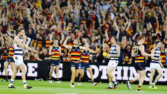 Adelaide Oval rises as one as the final siren sounds. Picture: Michael Klein