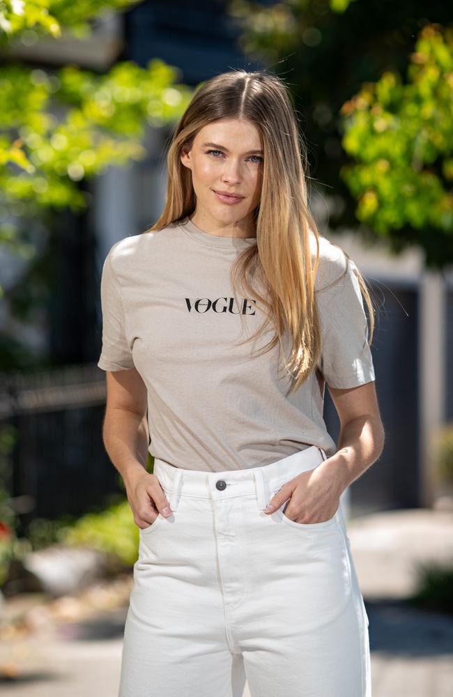 Victoria Lee wearing this year’s Vogue x Bassike t-shirt. Picture: Julian Andrews