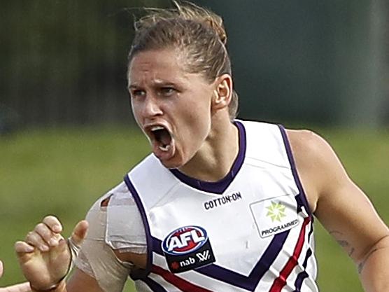 MELBOURNE, AUSTRALIA - MARCH 01: Kiara Bowers of the Dockers celebrates a goal during the 2020 AFLW Round 04 match between the St Kilda Saints and the Fremantle Dockers at RSEA Park on March 1, 2020 in Melbourne, Australia. (Photo by Dylan Burns/AFL Photos via Getty Images)