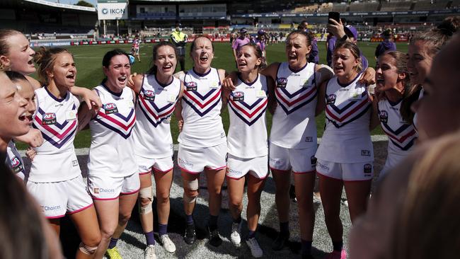 Fremantle players sing the team song during the 2021 AFLW season. Picture: DYLAN BURNS/AFL PHOTOS VIA GETTY IMAGES