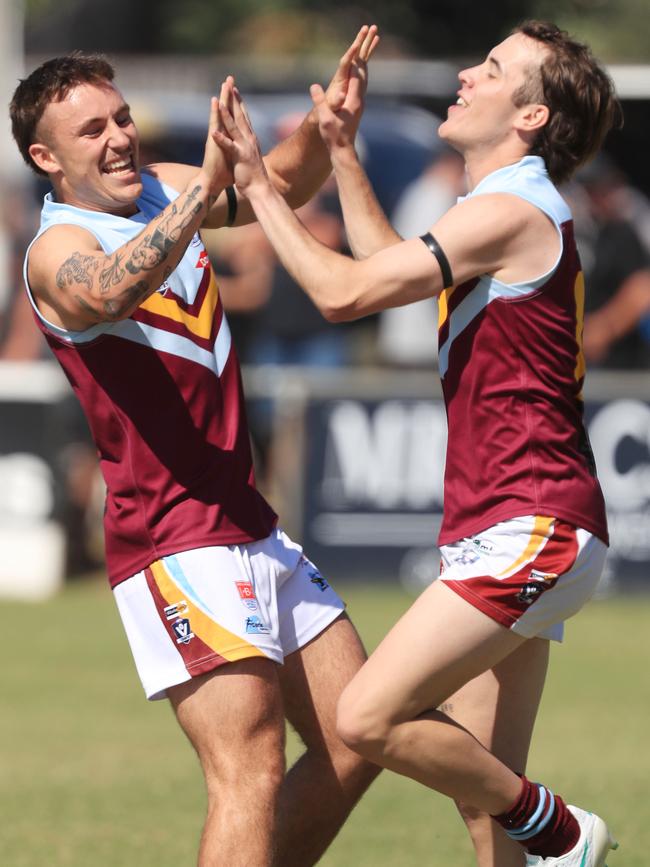 Jack Walsh and Jack Duke celebrate a goal against Portarlington in Round 1. Picture: Mark Wilson