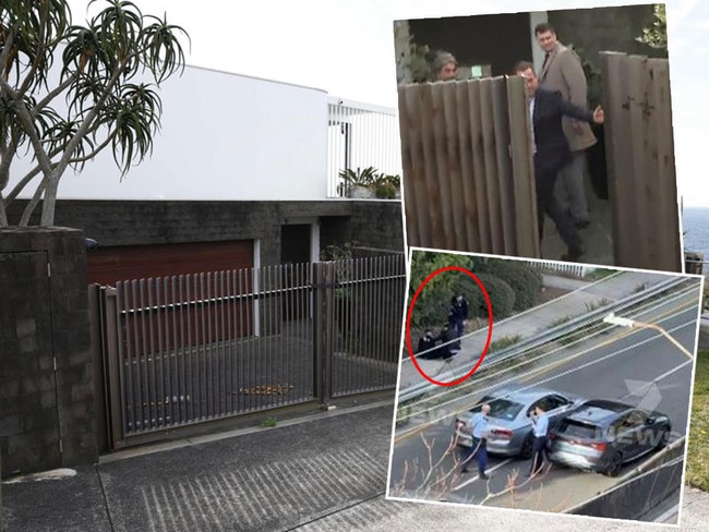 John Ibrahim's Dover Heights home, main picture; police with John Ibrahim at his Dover Heights home on Thursday, top right; and the arrest of the two armed men, bottom right. Pictures: News Corp/TNV/Channel 7