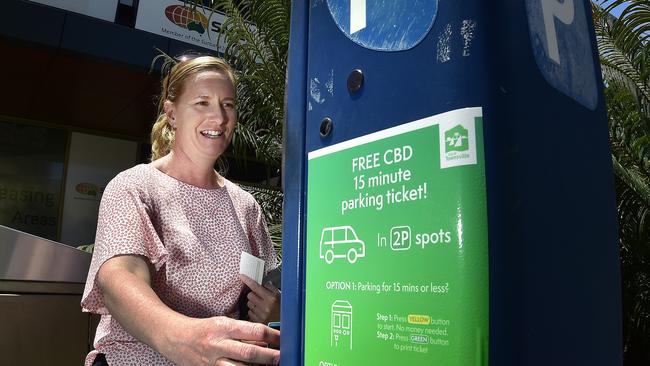 Melissa Rake paying for parking in the Townsville City CBD. Parking fees will return on July 20 PICTURE: MATT TAYLOR.