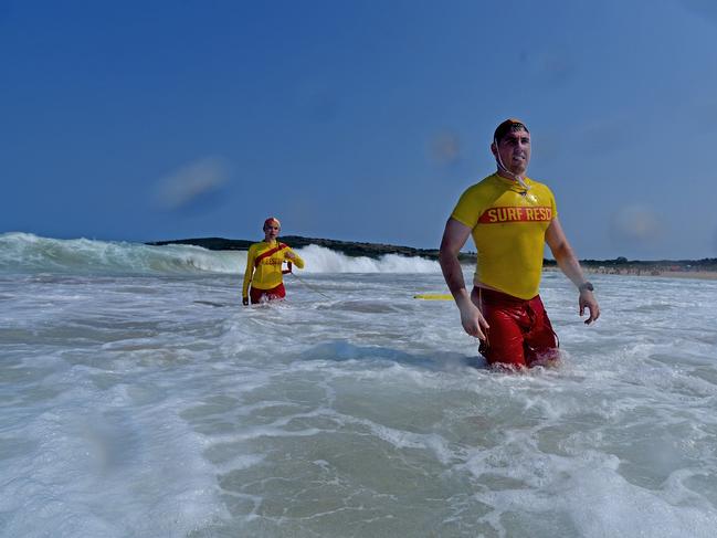 Surf Lifesaving volunteers Mathew Harper (right) and Jasmine Georgas (left) at Maroubra Beach, Sydney, Thursday, 26 December 2019. In 2018-2019 over 3,894 lives were saved across Australian beaches, with SLSA expecting to exceed that in the 2019-2020 year ahead.  Sam Mooy/The Australian Newspaper