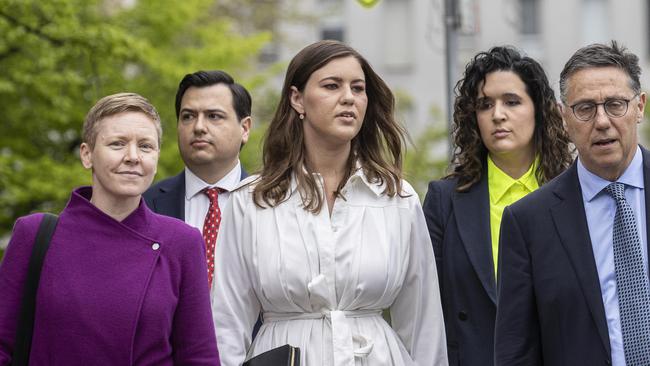 Brittany Higgins with Victims of Crime Commissioner Heidi Yates, left, heading into court during Bruce Lehrmann’s trial.