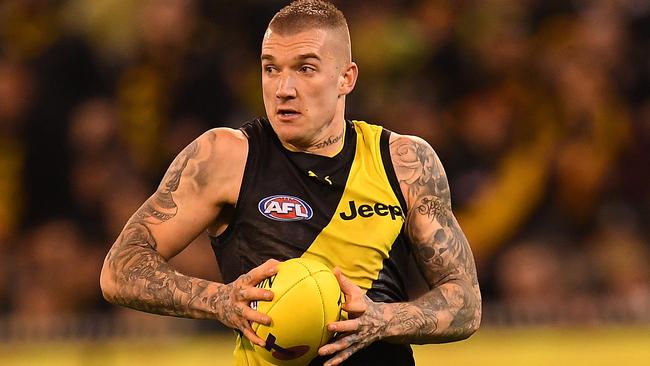 Dustin Martin of the Tigers is seen in action during the second qualifying final between the Geelong Cats and the Richmond Tigers at MCG in Melbourne, Friday, September 8, 2017. (AAP Image/Julian Smith) NO ARCHIVING, EDITORIAL USE ONLY