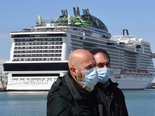 Civitavecchia mayor Ernesto Tedesco speaks to media after the arrival of Italy’s Costa Cruises ship Costa Victoria on March 25. Picture: AFP