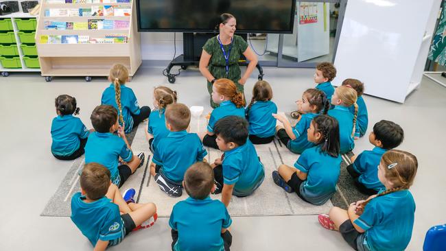 Transition teacher Nicole Robson and her class on the first day of school at Zuccoli Primary.Picture GLENN CAMPBELL