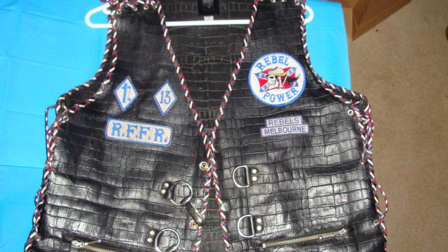 The Rebels bikie uniform belonging to Matthew Bruce.