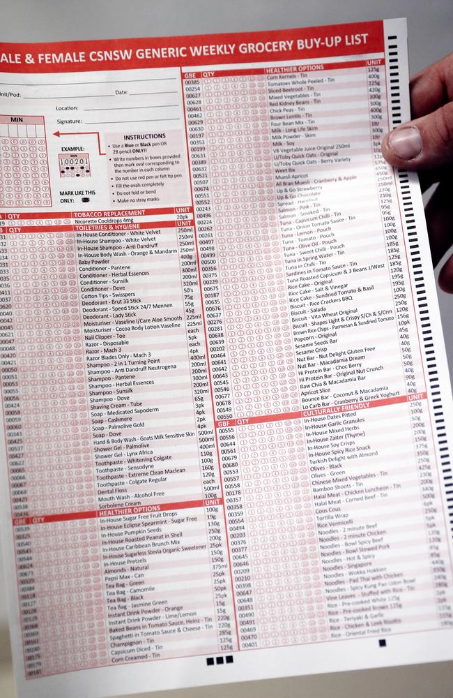 A prison ‘buy-up’ menu from which Milat would order special chocolate biscuits to have with his black coffee. Picture: Sam Ruttyn