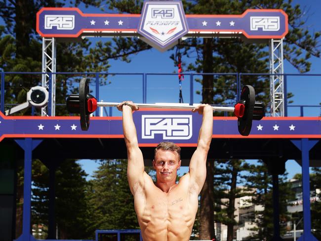 Peter Day, at the F45 fitness truck during the Australian Open of Surfing, at Manly Beach. Picture: Braden Fastier