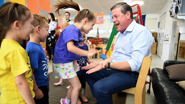 Tim Nicholls, pictured today at a preschool in Woodhill, denied any knowledge of the handing out of how to vote cards. Picture: AAP/Dan Peled