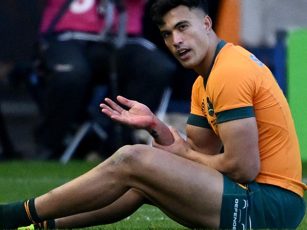 Joseph-Aukuso Suaalii will await scans on his injured wrist. Picture: Getty Images