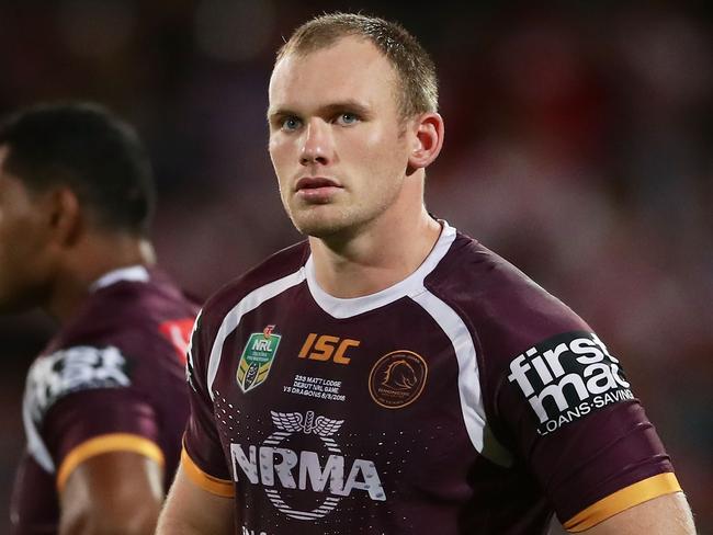 SYDNEY, AUSTRALIA - MARCH 08:  Matthew Lodge of the Broncos looks on during the round one NRL match between the St George Illawarra Dragons and the Brisbane Broncos at UOW Jubilee Oval on March 8, 2018 in Sydney, Australia.  (Photo by Matt King/Getty Images)