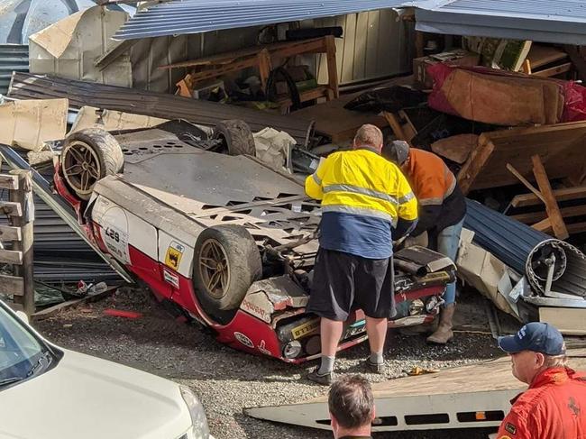 A man has had a lucky escape after a Targa car crashed through his shed during the Pelverata stage. No one was injured in the incident. Picture: SUPPLIED