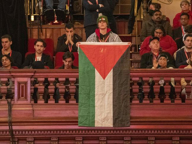 SYDNEY, AUSTRALIA - NewsWire Photos - JULY 27, 2024: A free Palestine protestor hold the flag during the conference. NSW Labor Conference held at Sydney Town Hall. Picture: NewsWire / Simon Bullard.