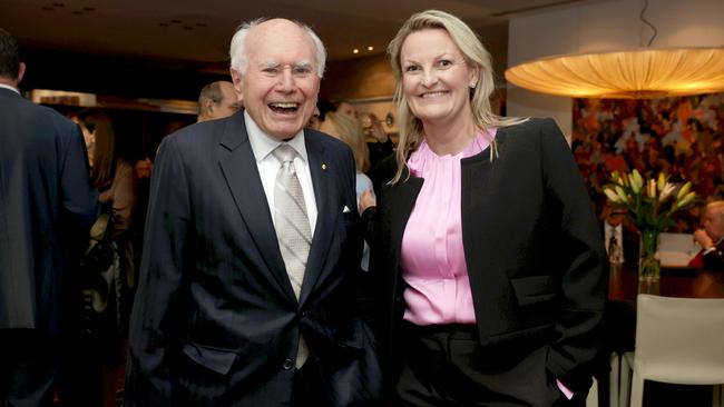 Former prime minister John Howard and Liberal candidate for Wentworth Ro Knox at a fundraising cocktail party hosted by Knox. Picture: Jane Dempster/The Australian