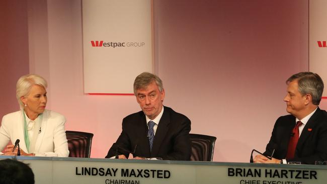 Former Westpac chief executive officer Gail Kelly with chairman Lindsay Maxsted and current CEO Brian Hartzer pictured in 2015. Picture: Rohan Kelly.