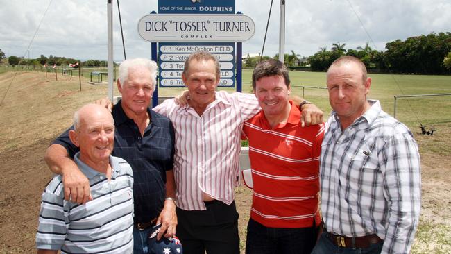 League legends Ken McCrohon, Peter Leis, Tony Obst, Trevor Benson and Troy Lindsay during the 2000s at the naming the Dick "Tosser" Turner playing fields in Redcliffe.