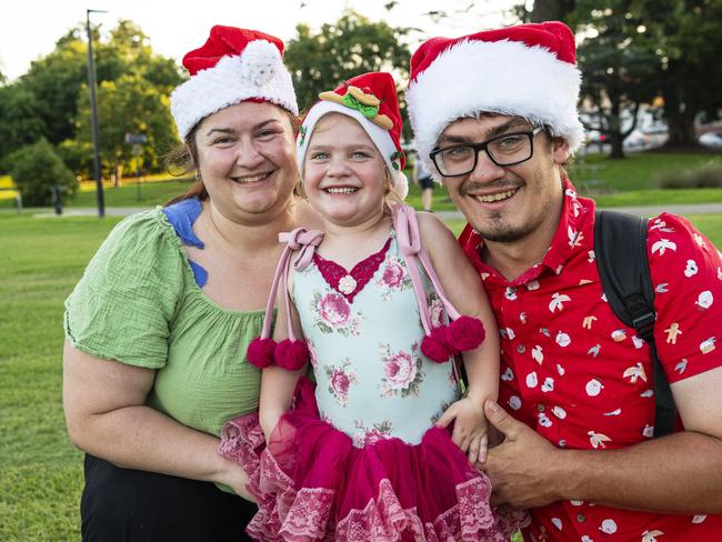 Ileana Bartlett (centre) with Kaitlin Stewart and George Bartlett at Triple M Mayoral Carols by Candlelight, Sunday, December 8, 2024. Picture: Kevin Farmer