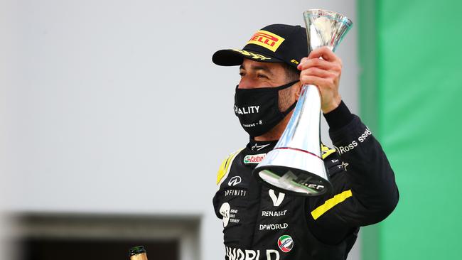 Third placed Daniel Ricciardo celebrates. Picture: Joe Portlock/Getty Images