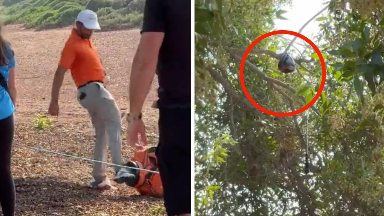 Joost Luiten was not a happy camper after he got three clubs stuck in a tree. Picture: Supplied