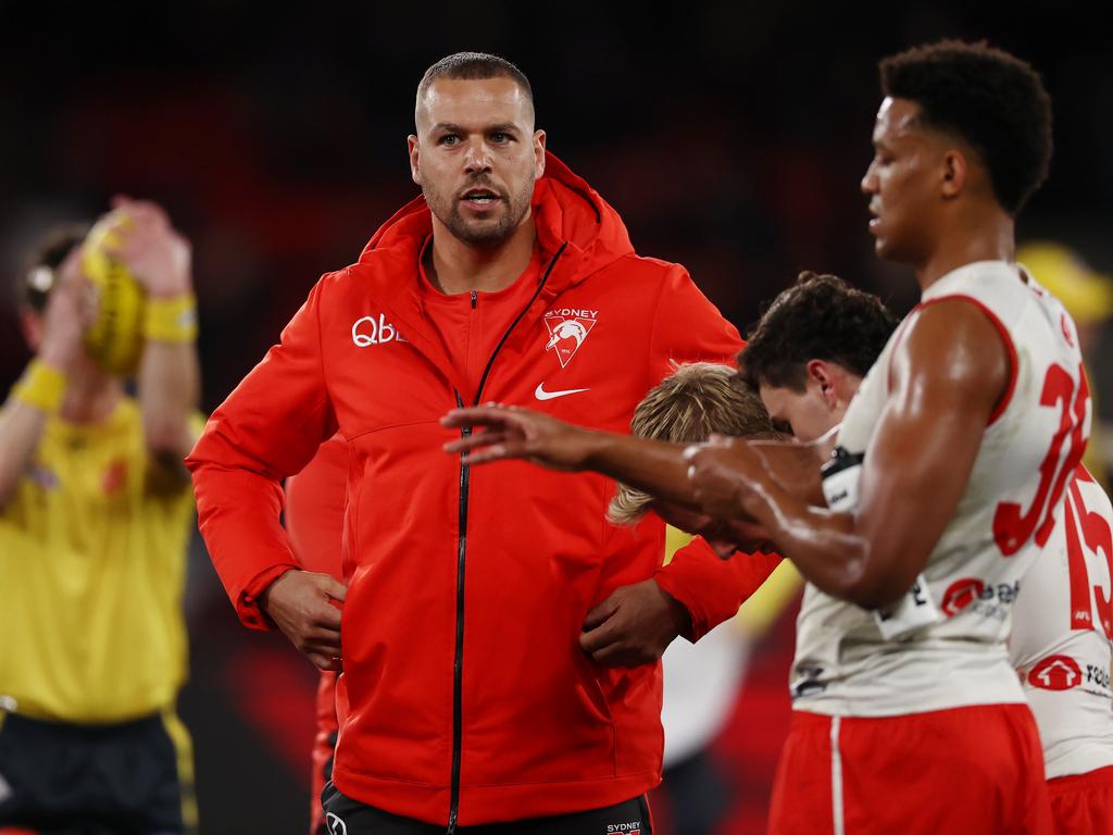 A calf injury could spell the end for Lance Franklin. Picture: Michael Klein.