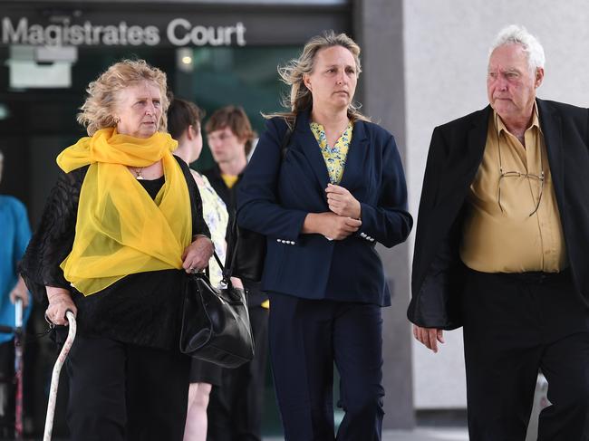 Annette Mason's mother Jean, sister Linda and father Mick Mason leave the Coroners Court in Brisbane. Picture: AAP Image/Dan Peled