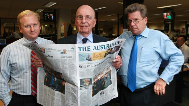 Chris Mitchell, right, with <i>The Australian</i>’s current editor-in-chief Paul Whittaker and executive chairman  Rupert Murdoch. Picture: Alan Pryke