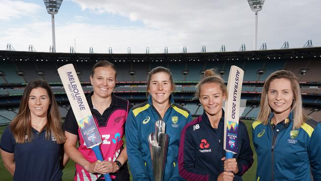 Tammy Beaumont of England, Lea Tahuhu of New Zealand, Georgia Wareham of Australia, Danni Wyatt of England and Sophie Molineux of Australia pose during a media opp ahead of the ICC Women's T20 World Cup.