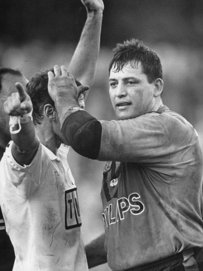 Steve Roach pats referee Eddie Ward on the head after being sin-binned.