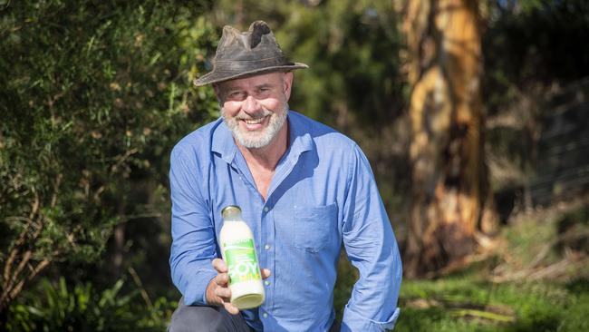 Tassie's only commercial tofu maker Soyoyoy's owner James Phelps with his soy milk and plant based betta, for their business. Picture: RICHARD JUPE