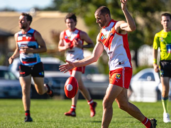 Colin Garland kicked two goals before being taken off after receiving a heavy knock. Picture: Linda Higginson