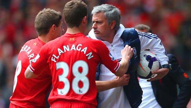 Steven Gerrard and Jon Flanagan fight with then Chelsea manager Jose Mourinho.