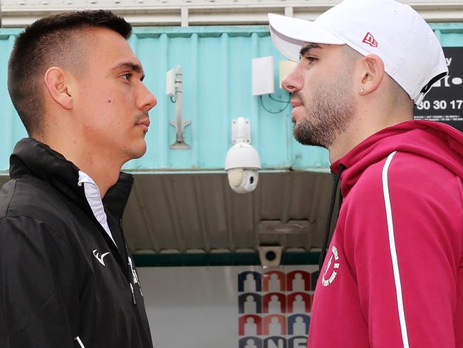 NEWCASTLE, AUSTRALIA - MAY 11: Tim Tszyu and Michael Zerafa out the front of the newly named Newcastle Entertainment Centre on May 11, 2021 in Newcastle, Australia. (Photo by Peter Lorimer/Getty Images)